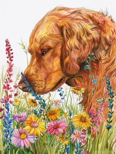 N.LANSHAN 11Ct Diy Stickbilder Erwachsene Golden Retriever Tier Embroidery Kit Hund Und Blumendiy Starter Stickbild Erwachsene Anfanger Stickpackungen Kreuzstich Handwerk Geschenk 50x70cm von N.LANSHAN