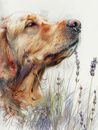 N.LANSHAN 11Ct Diy Stickbilder Erwachsene Golden Retriever Tier Embroidery Kit Hund Und Blumenkreuzstich Stickpackungen Vorgedruckt Bilder Erwachsene Anfanger Diy Raumdekoration 80x100cm von N.LANSHAN