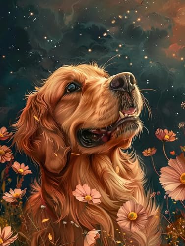 N.LANSHAN 11Ct Diy Stickbilder Erwachsene Golden Retriever Tier Embroidery Kit Hund Und Chrysanthemekreuzstich Stickpackungen Vorgedruckt Bilder Erwachsene Anfanger Diy Raumdekoration 40x50cm von N.LANSHAN