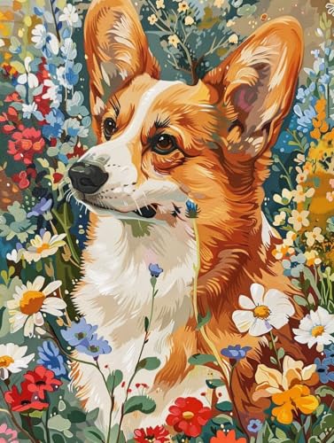 N.LANSHAN 11Ct Diy Stickset Für Anfänger Corgi-Tier Cross Stitch Kit Hund Und Bunte Blumenstickvorlagen Stickbilder Kreuzstich Vorgedruckt, Bilder Stickerei Set Diy Stickpackung Set 40x50cm von N.LANSHAN