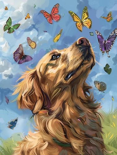 N.LANSHAN 11Ct Diy Stickset Für Anfänger Golden Retriever Tier Cross Stitch Kit Hund Und Schmetterlingdiy Starter Stickbild Erwachsene Anfanger Stickpackungen Kreuzstich Handwerk Geschenk 40x50cm von N.LANSHAN