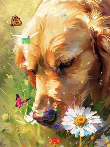 N.LANSHAN 11Ct Diy Stickset Für Anfänger Golden Retriever Tier Cross Stitch Kit Hund Und Weiße Gänseblümchenkreuzstich Stickpackungen Vorgedruckt Bilder Erwachsene Anfanger Diy Raumdekoration 60x80cm von N.LANSHAN