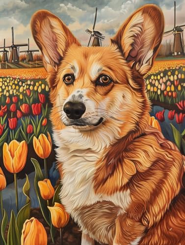 N.LANSHAN 11Ct Diy Stickvorlagen Kreuzstich Corgi-Tier Sticken Für Anfänger Hund Und Tulpenblumenkreuzstich Stickpackungen Vorgedruckt Erwachsene Anfänger Diy Stickpackung Set Sticken Set 80x100cm von N.LANSHAN