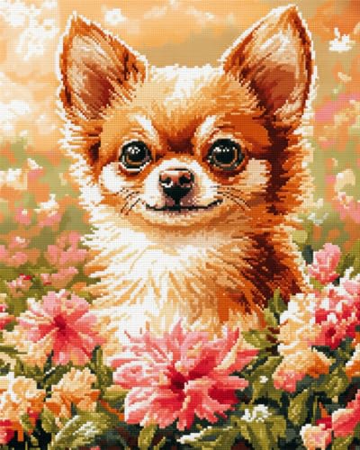 N.LANSHAN DIY Knüpfen Set Teppich Chihuahua Hund Tier Knüpfkissen Kits Hund Und Blumen Knüpfteppich Kit Stickset,Knüpfteppich Für Anfänger,Bastelsets Dekoration 55x75cm von N.LANSHAN