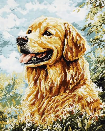 N.LANSHAN DIY Knüpfen Set Teppich Golden Retriever Tier DIY Bastelset Hundeportrait DIY Knüpfhaken Teppich Bastelset Für Anfänger Unfertiger Häkelteppich Stickteppich 100x140cm von N.LANSHAN