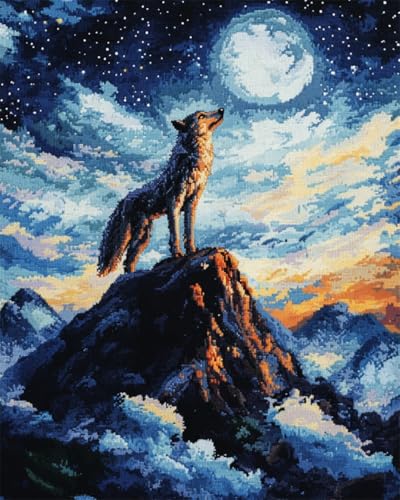 N.LANSHAN DIY Knüpfen Set Teppich Knüpfkissen-Set Mit Mond Und Wolf，Set Zur Herstellung Eines Fantasy-Landschaftsteppichs，Diy-Knüpfteppich-Set，Gobelin-Kissen，Vorgedruckte Muster 55x75cm von N.LANSHAN