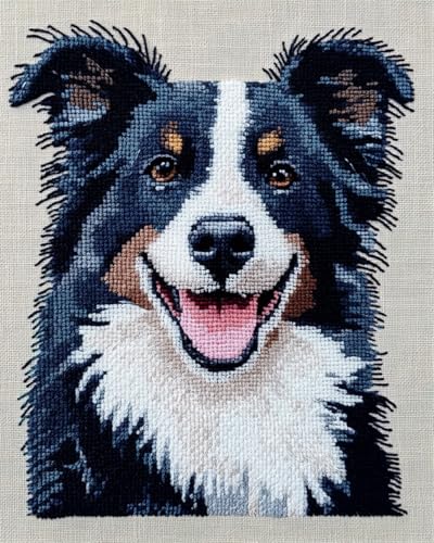 N.LANSHAN DIY Knüpfstern Set Border Collie Tier DIY Bastelset Hundeportrait DIY Knüpfhaken Teppich Set，Teppich Bastelset，Kreuzstich Sticksets Handarbeit Bastelteppich 60x90cm von N.LANSHAN