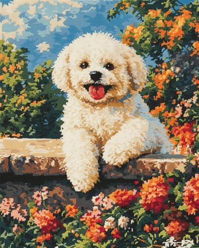 N.LANSHAN DIY Knüpfstern Set Weißer Hund Tier Knüpfhaken Kits Welpe Und Blumen DIY Häkeln Kits Sticken Kits Häkeln Kit Für Anfänger Handarbeiten Handwerk Für Home Decor 100x140cm von N.LANSHAN