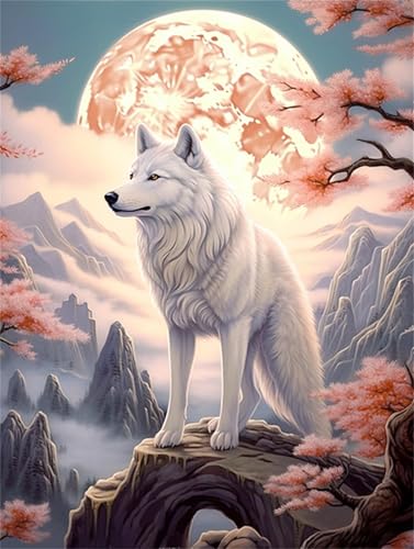 N.LANSHAN DIY Knüpfteppich Anime-Knüpfhakenset „Weißer Wolf“ Mit Mondlandschaft，Knüpfhakensets Zum Selbermachen Von Teppichen Mit Buntem Musteraufdruck，Stickset，Nähsets 55x75cm von N.LANSHAN