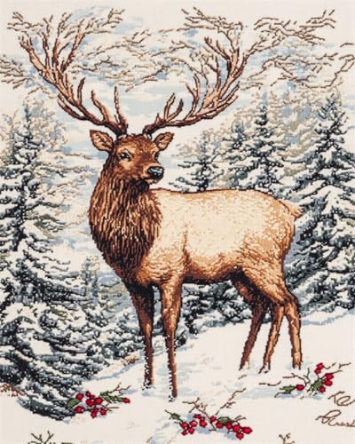 N.LANSHAN DIY Knüpfteppich Knüpfkissen-Set Mit Hirsch-Tiermotiv，Winterlandschaft，Knüpfteppich-Set，Stickset，Knüpfteppich Für Anfänger，Bastelsets，Dekoration 55x75cm von N.LANSHAN