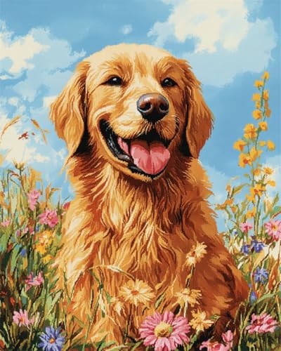 N.LANSHAN DIY Knüpfteppich Knüpfpackungen Mit Hundeportrait，Golden Retriever，Tier，Knüpfpackung Für Teppich，Stickpackung，Knüpfpackung Für Anfänger，Bastelpackung，Dekoration 100x140cm von N.LANSHAN