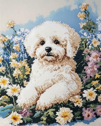 N.LANSHAN DIY Knüpfteppich Weißer Hund Tier Knüpfteppich Set Welpe Und Blumen Knüpfteppich Set DIY Für Familie Und Freunde Handarbeit Kreuzstich Set Basteln Geschenke 90x120cm von N.LANSHAN