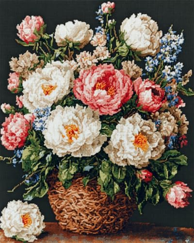 N.LANSHAN DIY Teppich Knüpfen Set Knüpfhakenset „Blumen Im Korb“，Bunte Pfingstrosenblumen，Teppich-Bastelset，Knüpfhaken-Teppich-Set，Gobelin-Kissen，Vorgedruckte Muster 100x140cm von N.LANSHAN