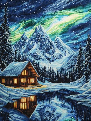 N.LANSHAN DIY Teppich Knüpfen Set Schneehütte DIY Bastelset Fantasy Aurora Landschaft Knüpfhaken Teppich Set Teppich Verschlusshaken Knüpfset Mit Vordruck，DIY 3D Bastelgeschenk 60x90cm von N.LANSHAN