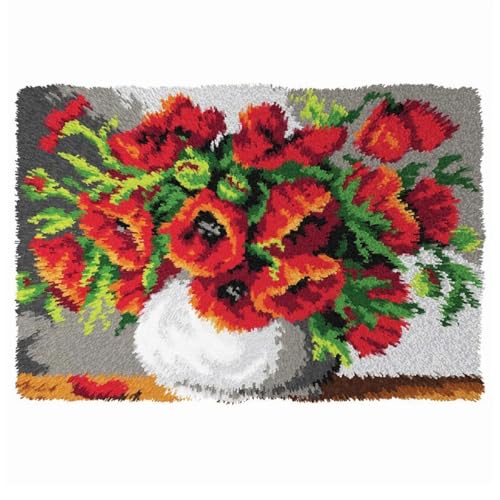 N.LANSHAN Diy Knüpfen Set Teppich Blumen In Einer Vase Knüpfhaken-Teppich-Set Rote Blumen Knüpfhaken-Teppich-Sets Für Erwachsene Anfänger Diy Handarbeit Häkelteppich-Set Heimdekoration 21x29in von N.LANSHAN