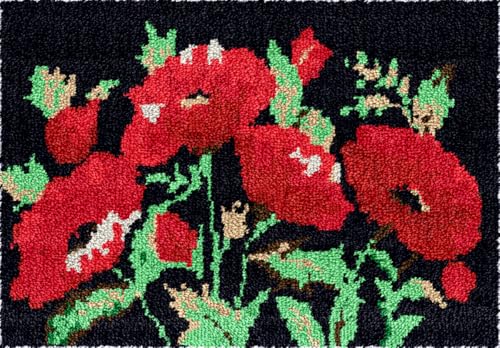 N.LANSHAN Diy Knüpfen Set Teppich Rote Blumen Diy Bastelset Cartoon Blumen Teppich Bastelset Für Erwachsene Diy Bastelset Knüpfhaken Teppich Set Gobelin Kissen Vorgedruckte Muster 35x46in von N.LANSHAN