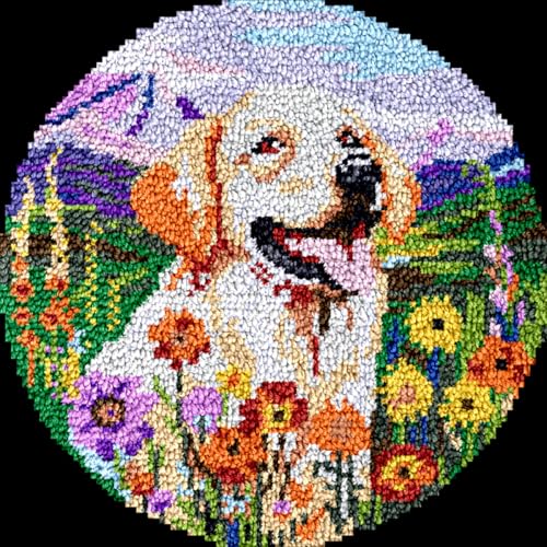 N.LANSHAN Diy Knüpfstern Set Diy-Bastelset Für Runden Teppich Mit Golden Retriever-Tier，Knüpfhaken-Set，Diy-Teppichherstellung，Basteln Mit Buntem Muster，Stickset，Nähsets 23x23in von N.LANSHAN