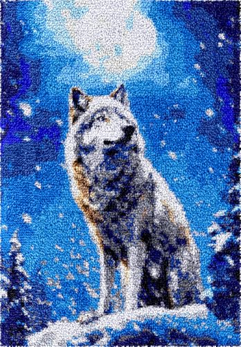 N.LANSHAN Diy Knüpfstern Set Knüpfhakenset „Star Wolf“，Schneetiere，Knüpfhaken-Teppich-Set Für Erwachsene Und Anfänger，Diy-Handarbeit，Häkelteppich-Set，Heimdekoration 35x46in von N.LANSHAN