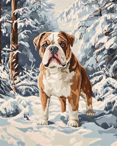 N.LANSHAN Diy Knüpfteppich Bulldogge Tierteppich-Knüpfset，Hunde- Und Schneeszene，Teppich-Bastelset，Diy-Knüpfteppich-Set，Gobelin-Kissen，Vorgedruckte Muster 90x120cm von N.LANSHAN