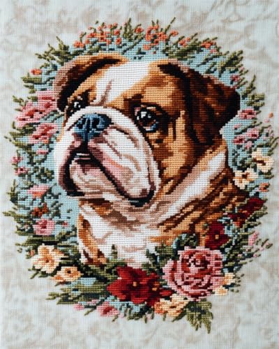 N.LANSHAN Diy Knüpfteppich Bulldoggen-Tier-Knüpfhaken-Set，Hund Und Blumen. Knüpfhaken-Sets Für Anfänger，Senioren，Heimwerker. Diy-Knüpfhaken-Sets Zur Teppichherstellung 90x120cm von N.LANSHAN