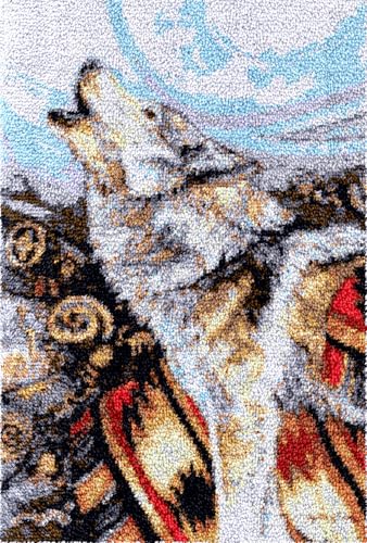 N.LANSHAN Diy Knüpfteppich Heulender Wolf，Bastelset，Cartoon-Tiere，Knüpfhaken-Teppich-Set Für Erwachsene Und Anfänger，Diy-Handarbeit，Häkelteppich-Set，Heimdekoration 20x15in von N.LANSHAN