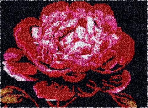 N.LANSHAN Diy Knüpfteppich Rote Pfingstrose Blume Diy Bastelset Fantasy Blumen Teppich Herstellungsset Für Erwachsene Diy Bastelset Knüpfhaken Teppich Set Gobelin Kissen Vorgedruckte Muster 20x15in von N.LANSHAN