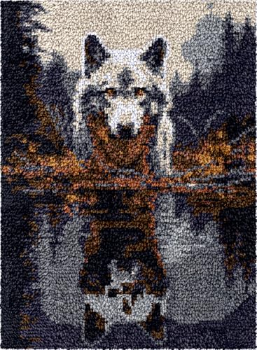 N.LANSHAN Diy Knüpfteppich Wolf Im Wasser Knüpfhaken-Sets Fantasietiere Diy Teppichherstellungsset Für Erwachsene，Kreuzstichset Teppichherstellung Handarbeit Für Anfänger，Heimdekoration 31x45in von N.LANSHAN