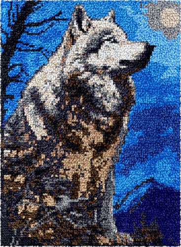 N.LANSHAN Diy Knüpfteppich Wolfsporträt，Bastelset Zum Selbermachen，Waldtiere，Knüpfhaken-Set，Diy-Teppichherstellung，Basteln Mit Buntem Muster，Stickset，Nähsets 35x46in von N.LANSHAN