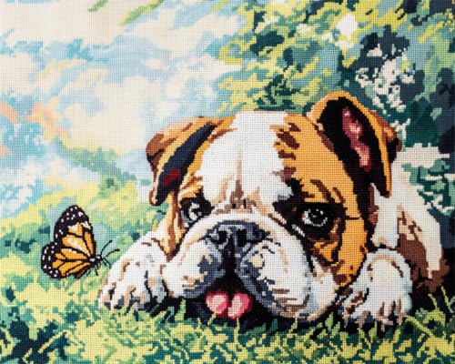 N.LANSHAN Diy Knüpfteppich Zum Selber Knüpfen Bulldogge Tier Knüpfkissen Kits Hund Und Blumen Diy Teppichherstellung Kits Für Anfänger Gobelin Kits Sticksets Teppich Fußmatte Geschenk 80x115cm von N.LANSHAN