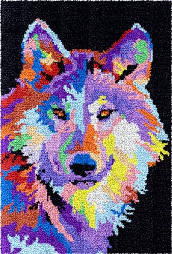 N.LANSHAN Diy Knüpfteppich Zum Selber Knüpfen Farbiger Wolf，Diy-Bastelset，Graffiti-Tiere，Diy-Knüpfhaken-Set，Handarbeit，Stickerei，Gobelin，Teppichherstellung，Geschenk Für Erwachsene，Heimwerke 20x15in von N.LANSHAN