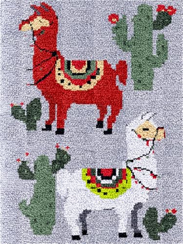 N.LANSHAN Diy Teppich Knüpfen Set Bastelset Mit Cartoon-Alpaka，Tiere Und Kakteen，Diy-Set Zum Knüpfen Von Teppichen Für Anfänger，Unfertiger Häkelteppich，Stickteppich 20x15in von N.LANSHAN