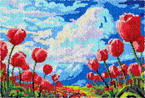 N.LANSHAN Diy Teppich Knüpfen Set Diy-Bastelset Mit Roten Tulpenblüten，Anime-Landschaft，Knüpfhaken-Set，Diy-Teppichherstellung，Basteln Mit Buntem Muster，Stickset，Nähsets 35x46in von N.LANSHAN