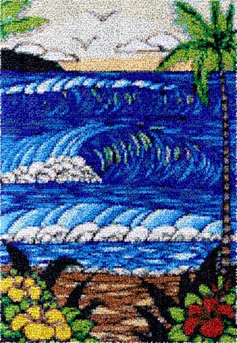 N.LANSHAN Diy Teppich Knüpfen Set Knüpfhaken-Sets „Blue Waves“ Für Erwachsene，Strand，Meerblick，Knüpfhaken-Teppich-Set Für Erwachsene，Anfänger，Diy-Handarbeit，Häkelteppich-Set，Heimdekoration 20x15in von N.LANSHAN