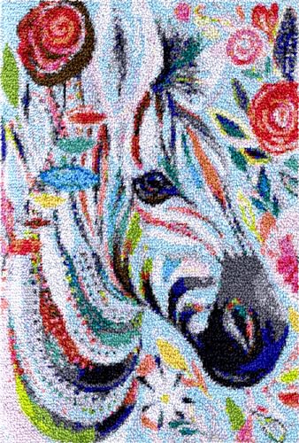 N.LANSHAN Diy Teppich Knüpfen Set Knüpfhakenset Mit Doodle-Zebra-Motiv，Tiere Und Blumen，Diy-Knüpfhaken-Set Für Teppiche Für Anfänger，Unfertiger Häkelteppich，Stickteppich 31x45in von N.LANSHAN