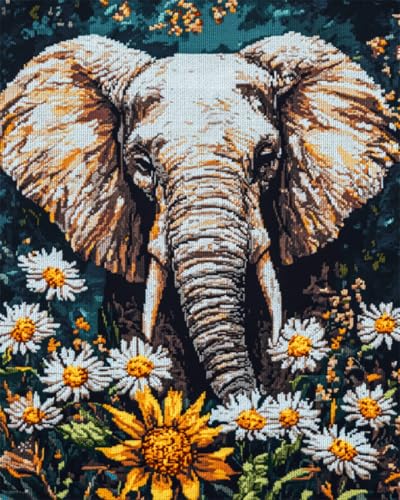 N.LANSHAN Diy-Teppich Knüpfstern Elefant Und Weiße Gänseblümchen Blumen Knüpfset Für Teppich，Fantasy Tiere Knüpfset Für Teppich，Stickset，Knüpfset Für Anfänger，Bastelset Dekoration 80x115cm von N.LANSHAN