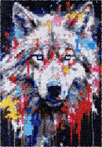 N.LANSHAN Diy-Teppich Knüpfstern Graffiti-Wolf-Bastelset Zum Selbermachen，Tierporträts，Knüpfhaken-Teppich-Sets，Häkelset Für Anfänger，Teppich-Sets Mit Bedruckter Leinwand，Geschenk 20x15in von N.LANSHAN