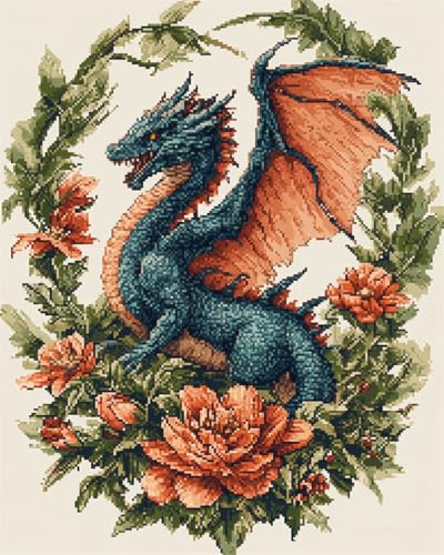 N.LANSHAN Diy-Teppich Knüpfstern Knüpfhaken-Set Mit Drachen Und Blumen，Cartoon-Tiere，Diy-Knüpfhaken-Teppich-Set，Kit Zur Teppichherstellung，Kreuzstich-Stickerei-Set，Handarbeit，Bastelteppich 90x120cm von N.LANSHAN