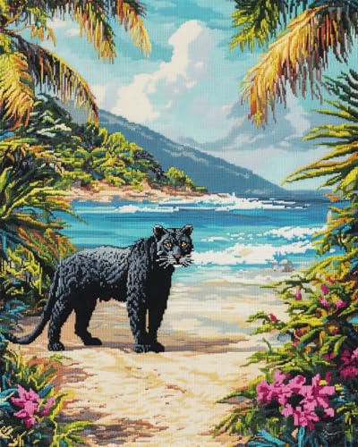 N.LANSHAN Diy-Teppich Knüpfstern Knüpfhaken-Sets Mit Strandlandschaft，Leopardentier，Diy-Häkelsets，Sticksets，Häkelset Für Anfänger，Handarbeiten，Basteln Für Die Inneneinrichtung 100x140cm von N.LANSHAN