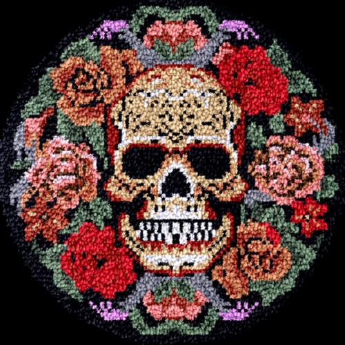 N.LANSHAN Diy-Teppich Knüpfstern Knüpfhakenset Für Runden Teppich Mit Totenkopf Und Blumen，Knüpfhakensets Zum Selbermachen Von Teppichen Mit Buntem Musteraufdruck，Stickset，Nähsets 19x19in von N.LANSHAN