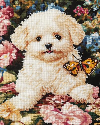 N.LANSHAN Diy-Teppich Knüpfstern Knüpfkissen-Set Mit Bichon Frise-Tiermotiv，Hund Und Blumen，Diy-Set Zur Teppichherstellung，Kreuzstich-Set，Handarbeit Für Anfänger，Heimdekoration 60x90cm von N.LANSHAN