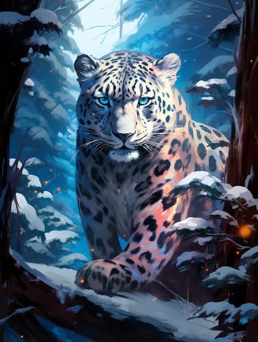 N.LANSHAN Diy-Teppich Knüpfstern Knüpfpackungen Mit Fantasietieren，Leopard Im Schnee，Knüpfpackung Für Teppich，Stickpackung，Knüpfpackung Für Anfänger，Bastelpackung，Dekoration 80x115cm von N.LANSHAN