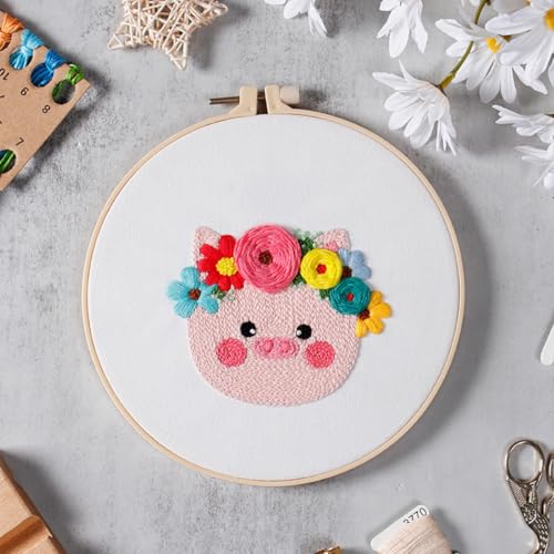 N.LANSHAN Sticken Für Anfänger Stanznadel-Set Mit Cartoon-Tieren，Schwein Und Blumen，Gestempeltes Kreuzstich-Set，3D-Stickset Mit Mustern Und Anleitungen，Rahmen，Fäden Und Nadeln 30x30cm von N.LANSHAN