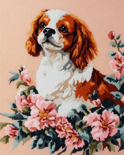 Teppich DIY Set Cavalier King Charles Spaniel Tier-Knüpfteppich-Set，Hund Und Blumen，Diy-Teppichherstellung，Bastelset Mit Farbig Bedruckter Leinwand，Häkelstickerei，Teppich-Set，Heimdeko 60x90cm von N.LANSHAN