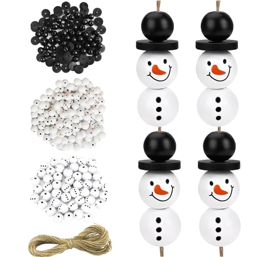 Homefantasy 200 Natürliche Holzperlen für 50 Sets Schneemänner,20mm Weihnachten Schneemann-Holzperlen mit 5m Hanfseil,Deko Weihnachten Holzperlen für DIY-Basteleien Winter Weihnachten Halloween von NABIC