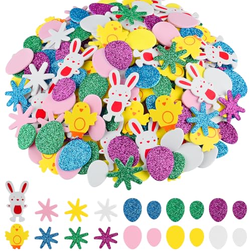 NACHLYNN 300 Stück Ostern Moosgummi Aufkleber Glitter Schaumstoff Sticker Moosgummi Bastelset für Kinder Kunsthandwerk Heimdekoration Ostern Dekoration (300) von NACHLYNN