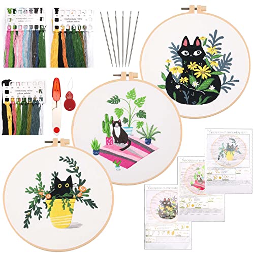 NAEBRO Beginner Embroidery Set, 3 Pieces Cross Stitch Embroidery Set with Pattern and Instructions, Adult Cross Stitch Embroidery Picture Set for DIY Arts Crafts Sewing (Cat and Plants) von NAEBRO