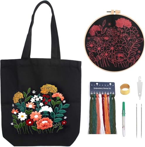 NAEBRO Stickset f¨¹r Segeltuchtasche, Anf?nger Stickerei Set mit Blumenmuster Leinentasche Anleitung, DIY Handgemachte Kreuzstich Sticktasche f¨¹r Erwachsene (Schwarz) von NAEBRO