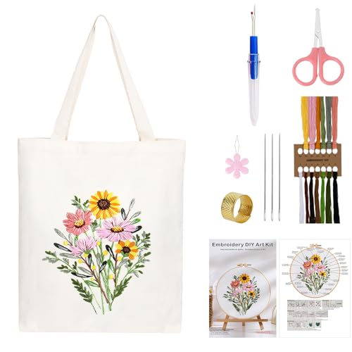 Sticken Set Erwachsene Anfänger, Mit Blumenmuster Canvas Tasche Stickerei Set, Kreuzstich Embroidery Tote Bag, Taschen Stickset für Anfänger Erwachsene, Stickerei Set Inklusive Anleitung, Nadeln, Fäde von NAEBRO