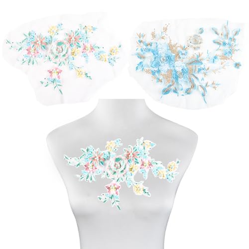 NAESM 3 Stück Blumenstoff Perlen Spitze Applikation, blauer Spitzenstoff 3D bestickter Aufnäher, handgefertigtes Nähwerkzeug für DIY Hochzeit Brautkleid Floral Kleidung Patches von NAESM