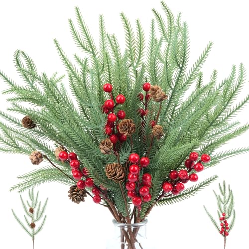 NAHUAA Künstliche Tannennadeln, Zweige mit Beeren und Tannenzapfen, künstliches Weihnachtsgrün für DIY, Weihnachtsbaum, Girlande, Kranz, Haus, Garten, Dekoration, 16 Stück von NAHUAA